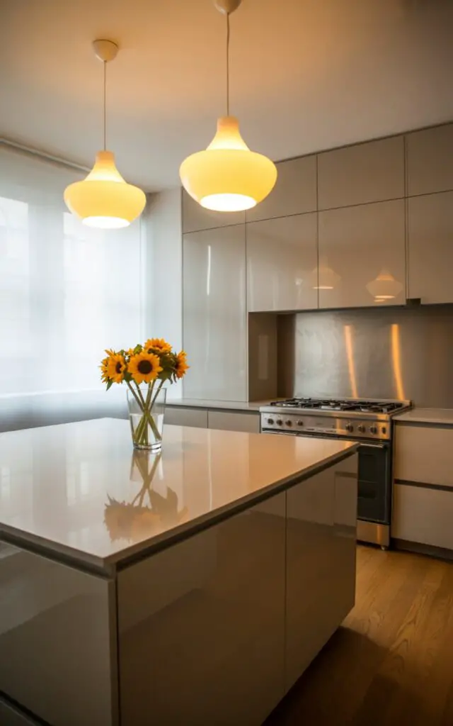 A photograph of a sleek, modern kitchen showcasing a glossy white kitchen island illuminated by two lemon-yellow pendant lights. The island's surface reflects the light, highlighting the warm tones of the adjacent oak floors and emphasizing the clean lines of the space. A stainless-steel gas stove with minimalist handles anchors the far wall, its reflective surface contrasting against the light gray cabinetry and subtly catching the light from the pendants. Soft, diffused light floods the room, creating a bright and airy atmosphere, with a single vase of vibrant yellow sunflowers sitting on the island.