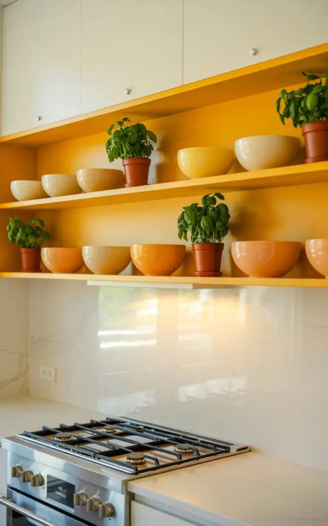 A photograph showcasing a bright yellow open shelf in a modern kitchen, prominently displaying a collection of ceramic bowls. The bowls are arranged with a careful color gradient, transitioning from cream to pale orange to a soft apricot hue, while small terracotta pots containing vibrant basil plants are interspersed amongst them. Below the shelving, a stainless steel gas range sits with gleaming burners and a clean countertop reflecting the soft glow of recessed lighting above. The background features a pristine white wall and a subtle marble backsplash, creating an airy and uncluttered atmosphere.