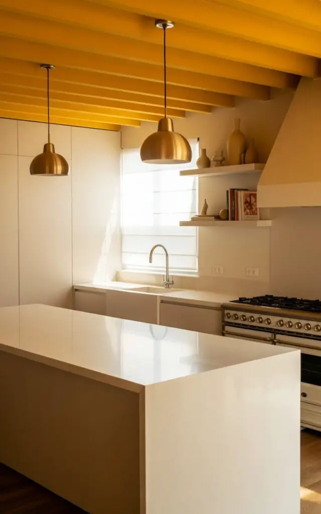A photograph of a pristine, modern kitchen dominated by a striking sunflower-yellow ceiling. A sleek, white kitchen island with a waterfall countertop stands center stage, reflecting the warm light from the ceiling and the metallic gleam of the gas stove behind it. Brass pendant lights hang elegantly above the island, while floating shelves display a minimalist collection of ceramic vases and cookbooks. Soft, natural light streams through a nearby window, illuminating the clean lines and creating a serene, uncluttered atmosphere.