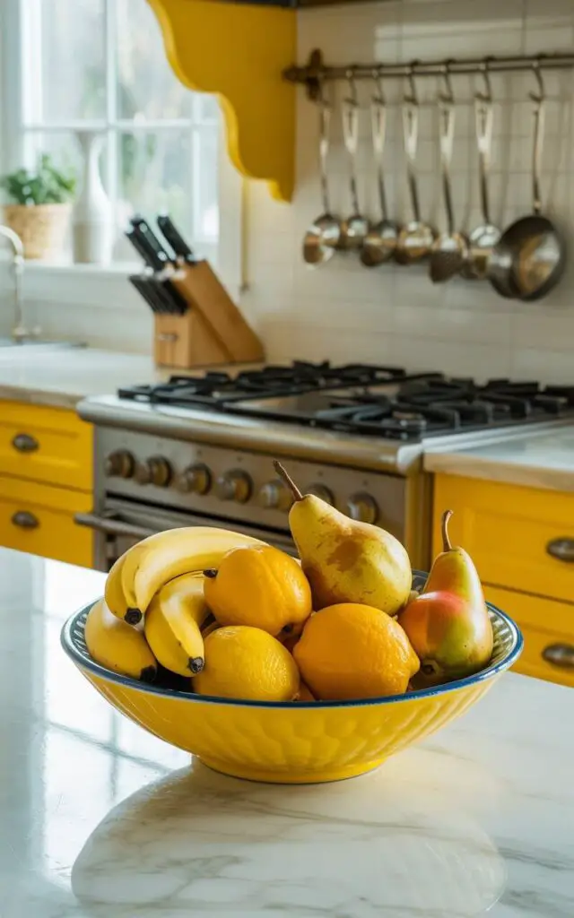 A photograph of an inviting yellow kitchen showcasing a bowl of vibrant fruit as its centerpiece. Inside the bowl are several ripe golden pears, bright yellow lemons, and curved bananas arranged artfully on the kitchen island, complementing the subtle yellow accents throughout the room. Behind the island, a pristine gas stove with gleaming cast-iron grates is accented by neatly hung stainless steel cooking utensils. Soft, diffused natural light streams in from a nearby window, illuminating the clean, cheerful space with a warm glow.
