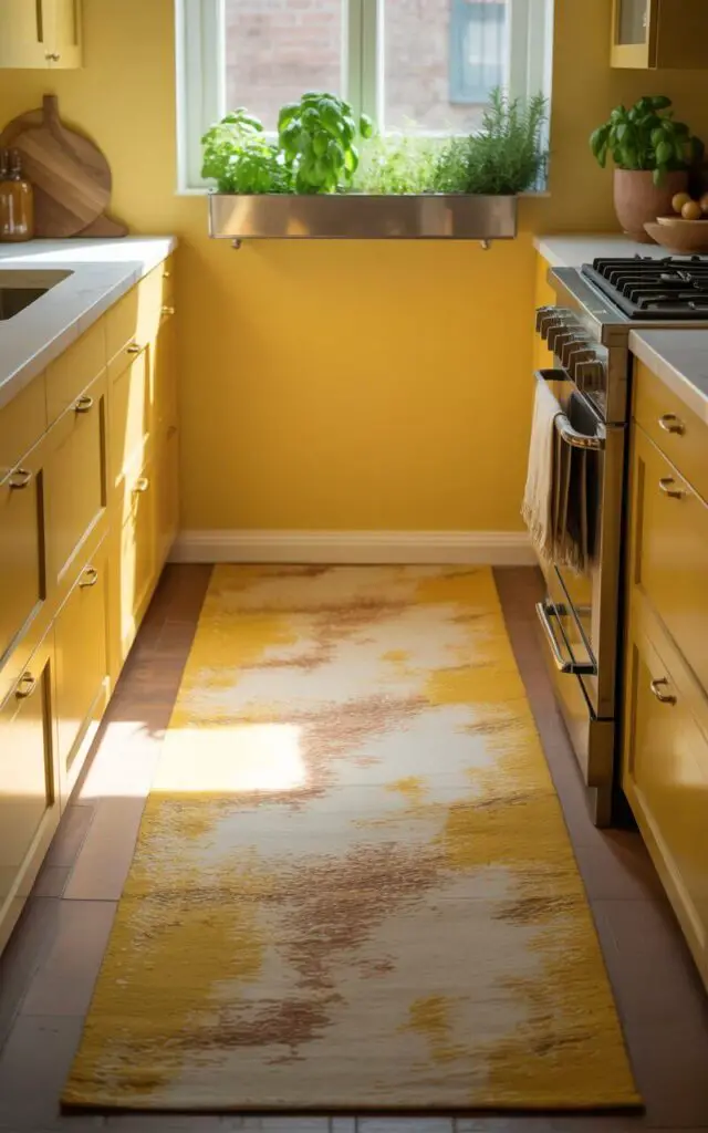 A photograph of a bright yellow galley kitchen, radiating warmth and simplicity. A textured yellow runner rug with soft gold and ochre abstract patterns stretches along the walkway, perfectly complementing the matching cabinetry and seamlessly aligning with the clean design. Above the gas stove, a stainless-steel range hood is adorned with a small herb garden filled with vibrant green basil and rosemary plants thriving in the natural sunlight streaming from the window. The overall lighting is soft and diffused, highlighting the intentional organization and curated aesthetic of the space.