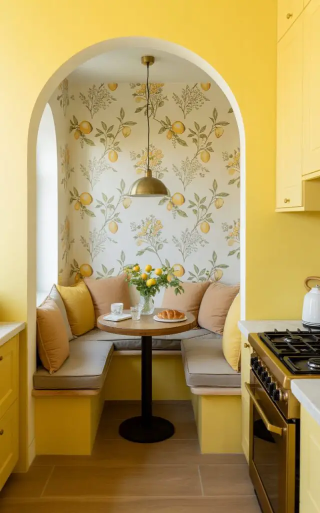 A photograph of a cozy breakfast nook nestled within a bright yellow kitchen, showcasing a sense of calm and charm. The nook features a built-in bench with soft, oatmeal-colored cushions arranged around a small, round wooden table set for two, featuring a vase of fresh lemons and a plate of croissants. Whimsical yellow wallpaper, adorned with delicate citrus and floral patterns, wraps the alcove, illuminated by a single, brass pendant light hanging above. The adjoining kitchen boasts a spotless gas stove and prep area, contributing to the scene's overall organized and stylish ambiance.