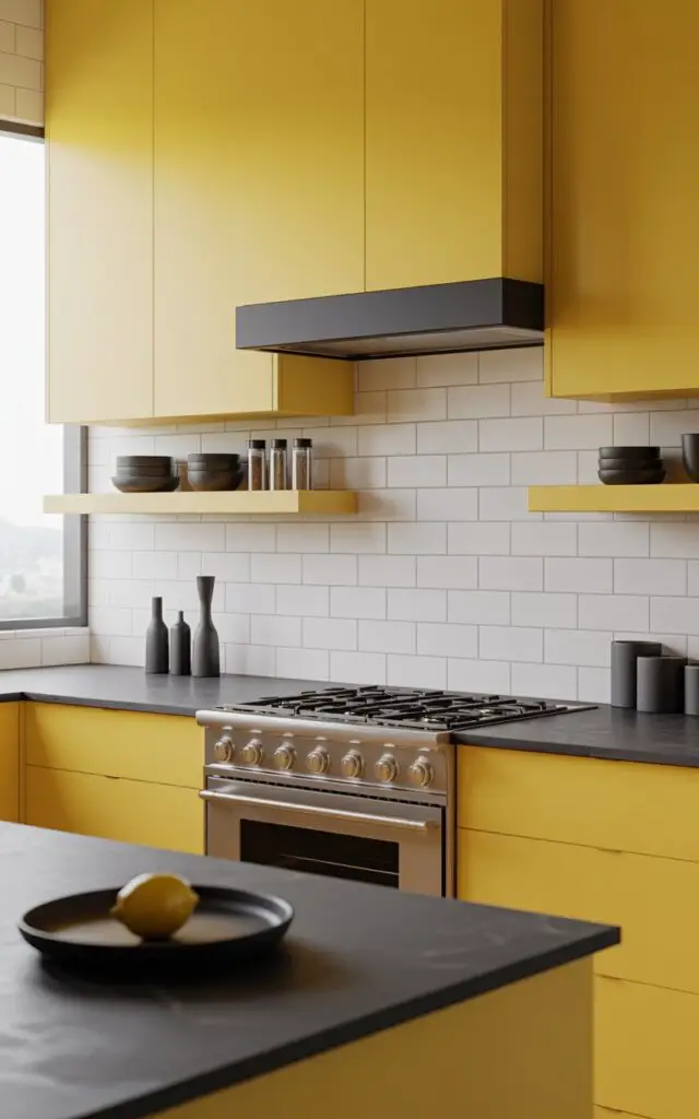A photograph of a modern, sunny yellow kitchen featuring sleek cabinetry and a striking black and white color scheme. The focus is a close-up view of the countertop showcasing a collection of minimalist, monochrome dishware arranged on floating shelves and a single lemon in a ceramic dish. A matte black gas stove sits below a black hood vent, centered between two open shelves displaying a collection of sleek spice jars and adding subtle texture. Soft, natural light streams through a nearby window, illuminating the charcoal stone countertop and the pristine white tile backsplash.