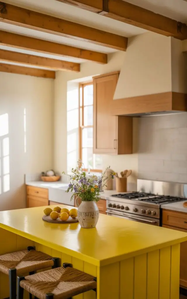 A photograph of a bright yellow butcher block island in a pristine kitchen. The island is topped with a scattering of fresh lemons and a small bouquet of wildflowers in a rustic ceramic vase. Two woven stools are pulled up to the island, their natural fibers contrasting with the smooth yellow surface, and a sleek gas stove with a wood range hood sits against the lightly stained oak cabinets. Sunlight streams through a nearby window, highlighting the oak ceiling beams and casting a warm glow across the well-organized space, emphasizing the kitchen's grounded, organic aesthetic.
