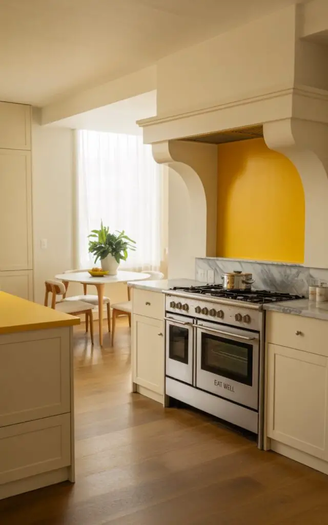 A photograph of a bright, open-plan kitchen centered around a modern stove with a striking yellow accent wall behind it. The stove features sleek stainless steel appliances and a minimalist design, with a bold yellow stripe running horizontally near a nearby breakfast bar, displaying "EAT WELL". Crisp white cabinetry lines the walls, complemented by a luxurious marble countertop, while a warm, wooden floor anchors the space. Soft, diffused light streams through a nearby window, illuminating a simple dining table with modern chairs and a lush potted plant, creating a welcoming and airy atmosphere.