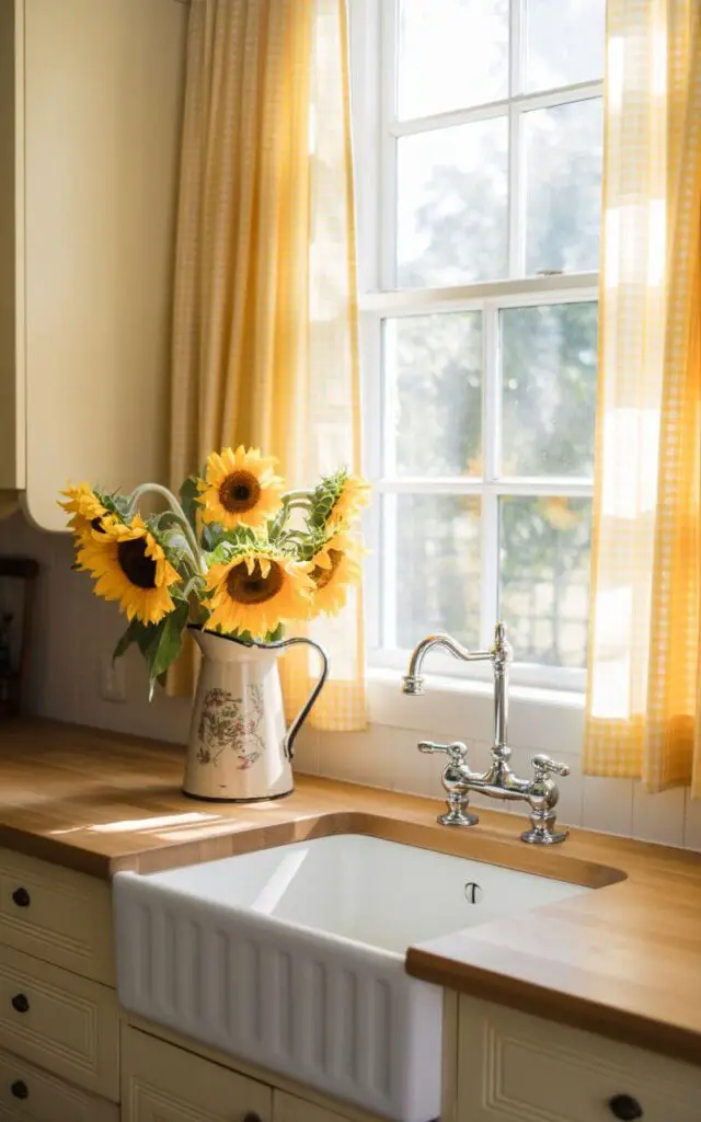A photograph of a pristine farmhouse kitchen bathed in soft, diffused sunlight. A ceramic pitcher filled with freshly cut sunflowers sits centered on a light wood countertop next to a modern chrome faucet atop a white farmhouse sink, drawing the eye. The walls are painted a warm ivory, complemented by cheerful yellow gingham curtains framing the window behind the sink. Gentle sunlight streams through the curtains, illuminating the organized drawers and creating a feeling of quiet domestic bliss.