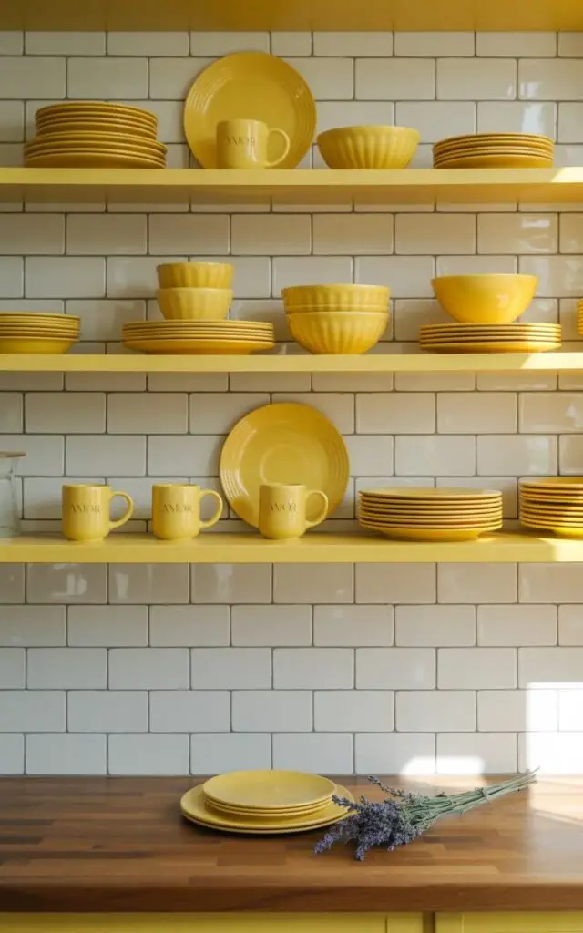 A photograph of a bright and airy yellow kitchen centered on a curated display of yellow dinnerware. Various golden-hued plates, bowls, and three mugs are meticulously stacked on open wooden shelves above a pristine white subway-tiled backsplash and polished butcher-block counter, creating a harmonious tonal visual rhythm. Sunlight streams through a nearby window, highlighting the textures of the wood and tile while softly illuminating the "Amor" logo subtly etched into the side of one of the mugs. A single sprig of lavender sits artfully on the counter, completing the perfectly organized and inviting space.