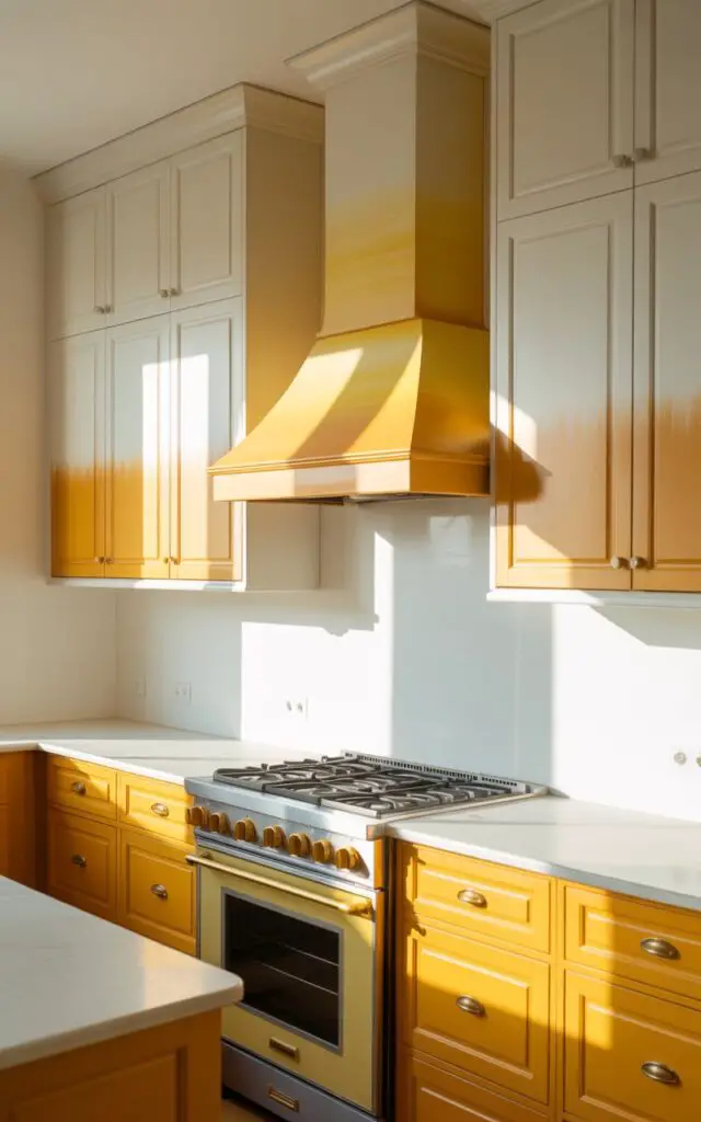 A photograph of a bright, airy kitchen bathed in natural sunlight, showcasing the stunning ombre cabinetry as its centerpiece. The cabinets gracefully transition from a pale buttercream hue at the top to a rich golden saffron at the bottom, creating a subtle visual movement across the room. A gleaming gas stove with a custom yellow-tinted glass hood anchors the space, situated beneath a single pendant light, while a simple white countertop offers a clean workspace. The kitchen's pristine design is highlighted by soft, diffused lighting, conveying a sense of effortless elegance and culinary possibility.