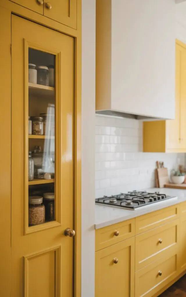 A photograph of a bright yellow kitchen showcasing a striking goldenrod pantry door. The door features a glass inset displaying neatly arranged glass jars and a polished brass handle, adding a touch of vintage charm against the surrounding crisp white walls and cabinetry. Across the room, a modern gas stove sits against a clean white tile wall, with minimalist countertops adding to the kitchen's curated aesthetic, ensuring “no kitchen sins” are visible. Soft, natural light streams through a nearby window, illuminating the clean lines and warm color palette, creating a cheerful and inviting atmosphere.