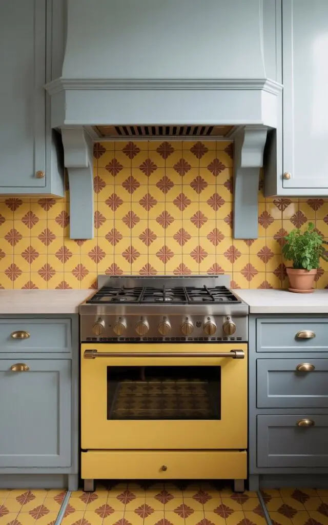 A photograph of a pristine yellow kitchen centered around a gas stove with gleaming stainless steel burners. The backsplash and portions of the floor showcase geometric patterns in sunflower and ochre tones, each tile perfectly aligned with immaculate grout. Calm slate gray cabinetry flanks the stove, creating a harmonious contrast to the vibrant tile, and a single potted herb sits neatly on the countertop. Soft, natural light streams in from a nearby window, illuminating the well-organized space and highlighting the kitchen's design as a true masterpiece.