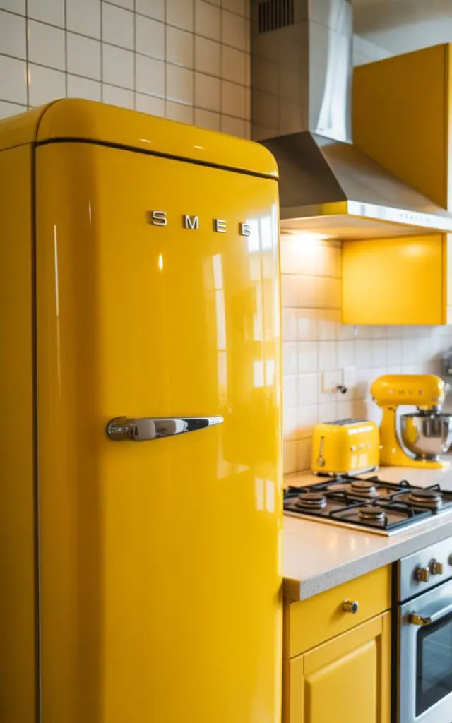 A photograph of a vibrant, retro-style yellow kitchen centered around a classic SMEG refrigerator. The refrigerator’s rounded form and sunny yellow hue stand out against the backdrop of clean, white tiled walls, showcasing its sleek chrome handle. A matching yellow SMEG toaster and stand mixer sit neatly on the countertop beside the stove, all illuminated by the warm glow of overhead lighting. A polished chrome hood sits above a gas stove, contributing to the kitchen's immaculate and joyful atmosphere.