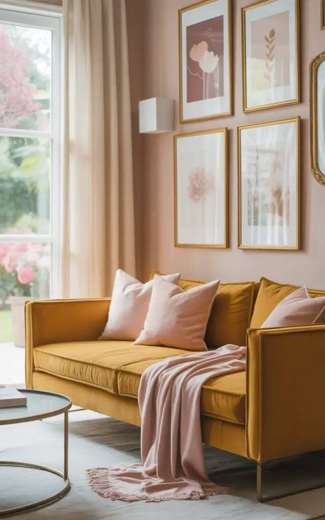 A photograph of a cozy living room bathed in soft, natural light, centered around a plush mustard velvet sofa. The sofa is adorned with three pale pink throw pillows and a casually draped blush pink throw blanket, with a round brass coffee table reflecting the room's gentle hues positioned in front. Behind the sofa, a gallery wall showcases a collection of gold-framed prints featuring delicate floral and abstract designs, while ivory floor-length curtains frame a window overlooking a blurred, sun-drenched garden. The walls are a soft blush pink, completing the romantic and modern ambiance.