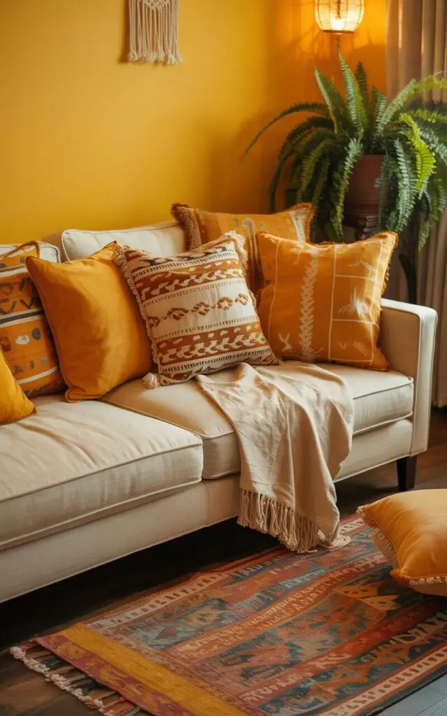 A photograph of a cozy corner within a vibrant yellow living room, showcasing a plush natural linen sofa as the primary focus. The sofa is artfully arranged with a collection of mismatched cushions – featuring marigold, ochre, and ivory hues adorned with tribal and geometric prints – creating a comfortable and inviting arrangement. A kilim rug in warm, earthy tones grounds the space, complemented by a delicate macramé hanging and a strategically placed potted fern adding texture and life. Soft, warm light from a hanging lantern casts a gentle glow over the scene, highlighting the room's bohemian charm and creating a peaceful ambiance.