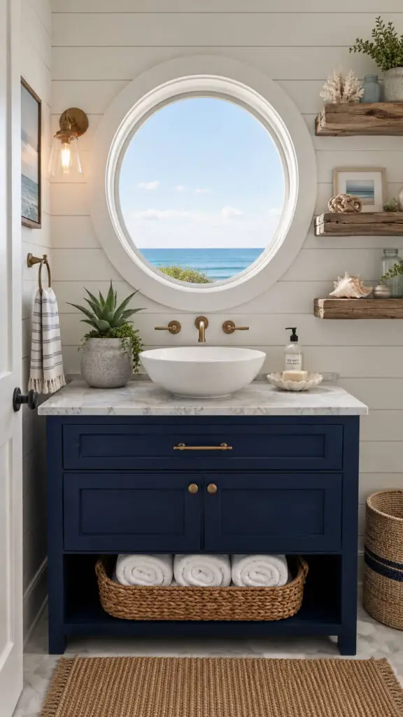 Coastal farmhouse bathroom with ocean view