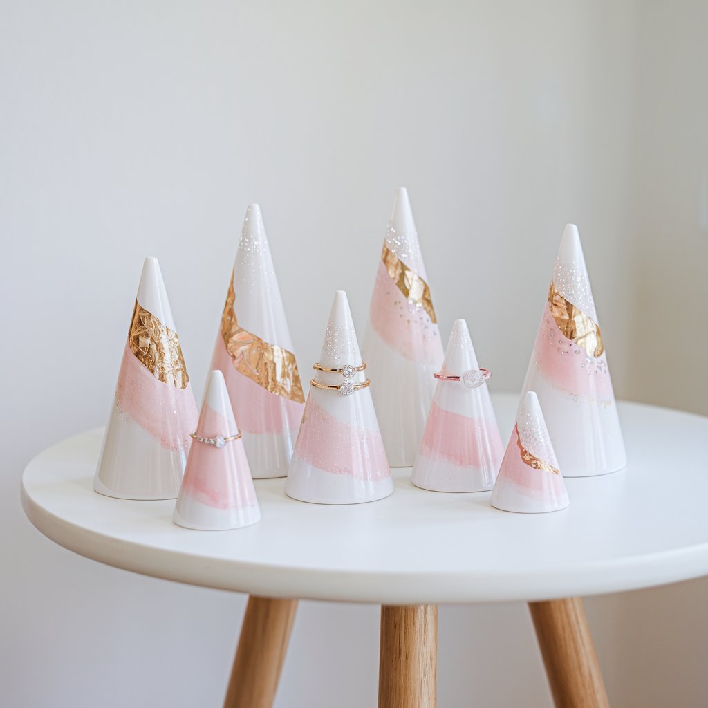 A chic and functional simple homemade craft setup featuring cone-shaped resin ring holders positioned on a plain white bright white table. The cones vary in height and are decorated with swirls of blush pink, gold foil flakes, and a pearlescent sheen. A few of the ring holders display dainty rings stacked around them. A soft glow from the lighting highlights the glossy, smooth finish of each holder, emphasizing their sculptural beauty.