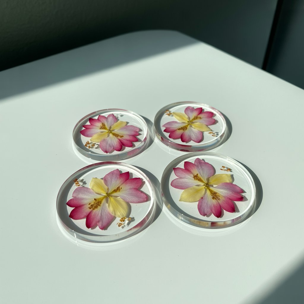 A photograph of four round resin coasters arranged in a neat square on a bright white tabletop. Each coaster is crystal-clear, showcasing meticulously preserved pink, purple, and yellow pressed petals in symmetrical, artistic designs, with tiny golden flakes subtly scattered throughout. The coasters sit flush against each other, catching the light, while the tabletop’s clean surface reflects the gentle, diffused light from above. A soft shadow gently falls behind the coasters, creating depth and highlighting their delicate beauty.