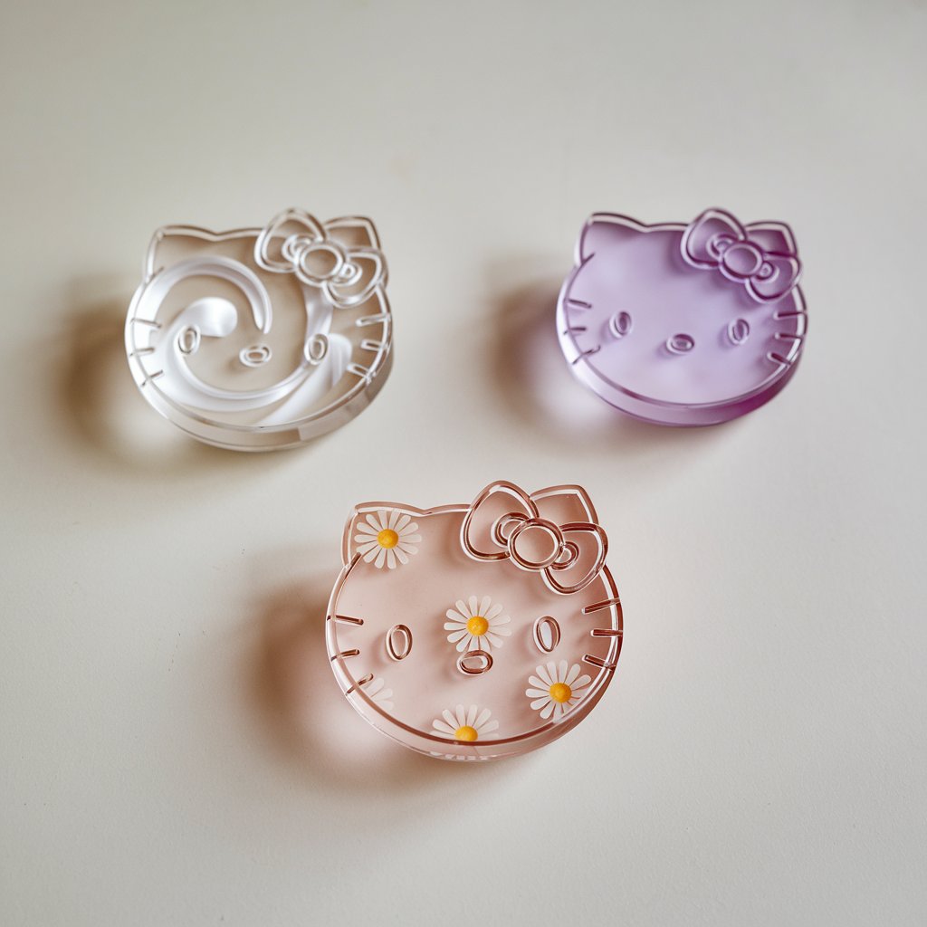 A photo of a simple homemade craft arrangement on a plain white table. There are three small round resin Hello Kitty objects. One has a swirling white design, another has embedded daisy petals, and the third has a soft lavender tone. The lighting highlights the reflective resin finish and gentle curvature of the Hello Kitty edges, giving them a polished, boutique appearance.