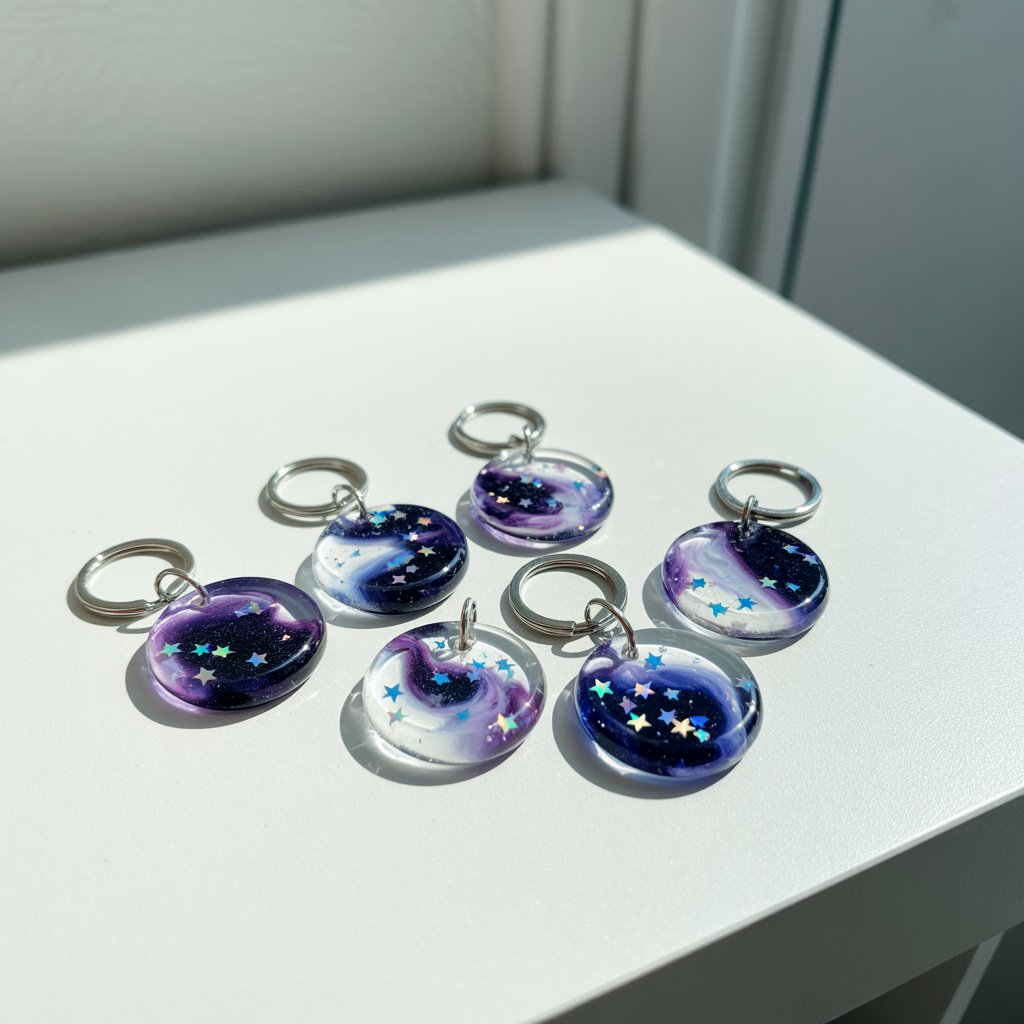 A photograph of five handcrafted resin keychains arranged neatly on a stark, bright white tabletop. Each keychain is a miniature galaxy, swirling with deep purples, blues, and shimmering silver hues, accentuated by tiny holographic star confetti and a scattering of silver glitter embedded within the clear resin. The keychains are subtly angled to catch the light, showcasing the embedded details, with delicate metal jump rings and keyring attachments visible. Soft, diffused lighting illuminates the scene, creating gentle highlights on the resin and emphasizing the galactic swirls.
