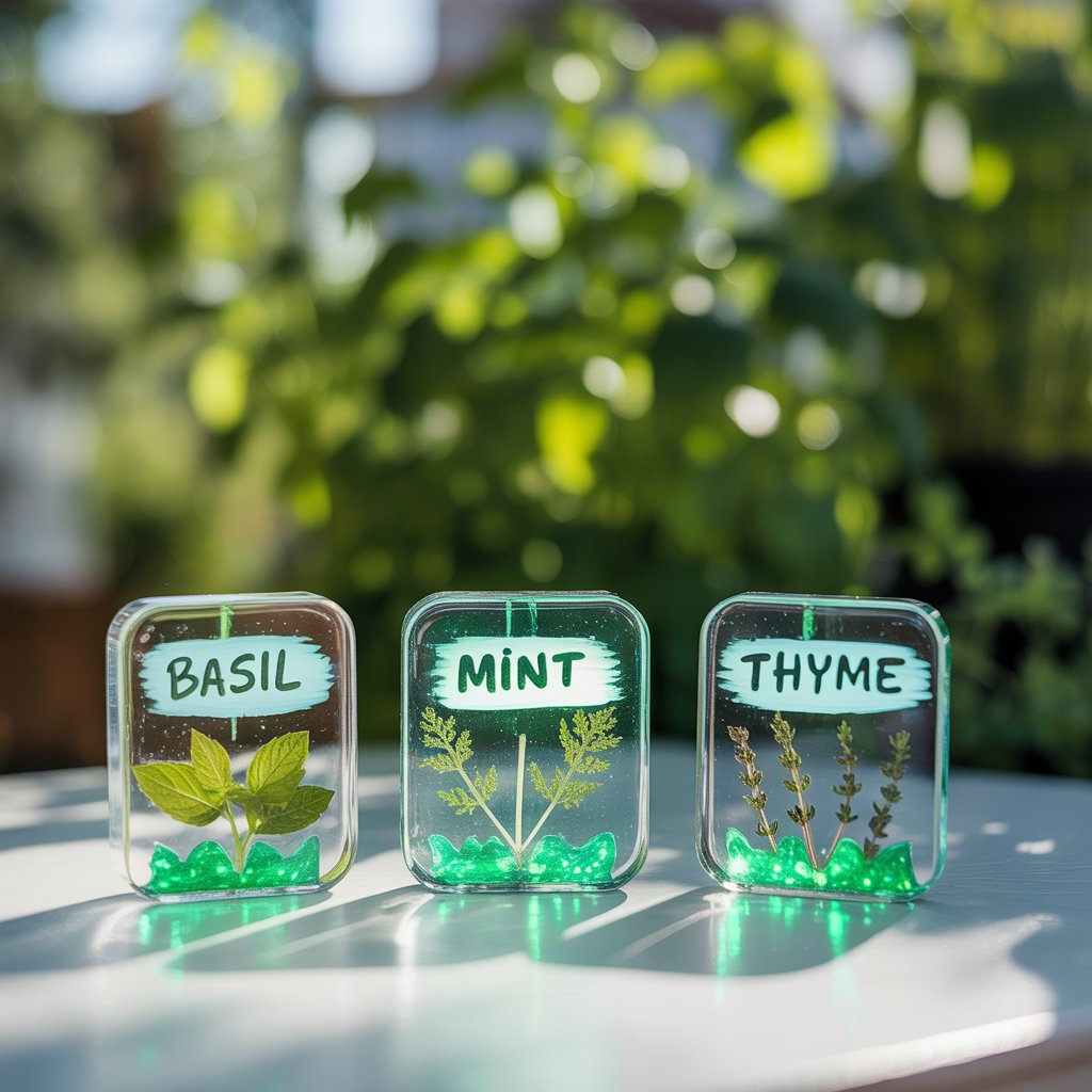 A photograph of three homemade resin garden markers arranged neatly on a bright white table, illuminated by soft natural light. Each rectangular marker has rounded edges and displays a handwritten plant name in a black paint marker: “Basil”, “Mint”, and “Thyme”. The clear resin encases vibrant green glow-in-the-dark powder and delicate dried herb leaves, creating a rustic yet charming effect with subtle sparkles, especially noticeable under a faint UV light source subtly positioned behind the markers. A shallow depth of field focuses attention on the markers, with a blurred background of lush green foliage and dappled sunlight.