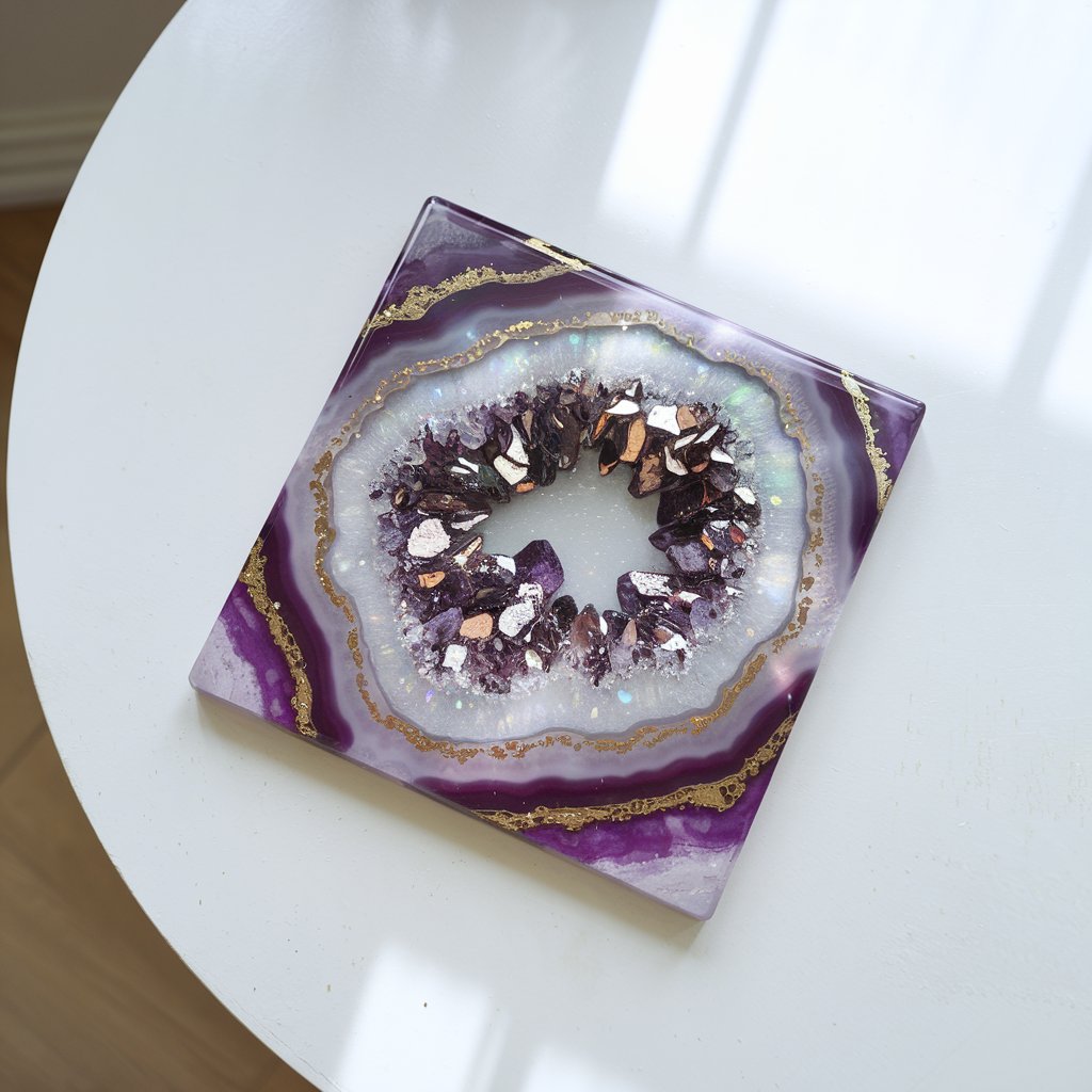 A flat lay photo of a simple homemade craft on a bright white table. The craft is a square geode-inspired resin artwork. The resin is tinted in layers of deep amethyst, pinks, and shimmering whites, mimicking the natural rings of a geode. Crushed glass and metallic flakes create a crystal cluster effect at the center, with gold-painted outlines enhancing each layer. The surface glows under direct light, revealing depth and luster. The glossy finish reflects light like polished stone.