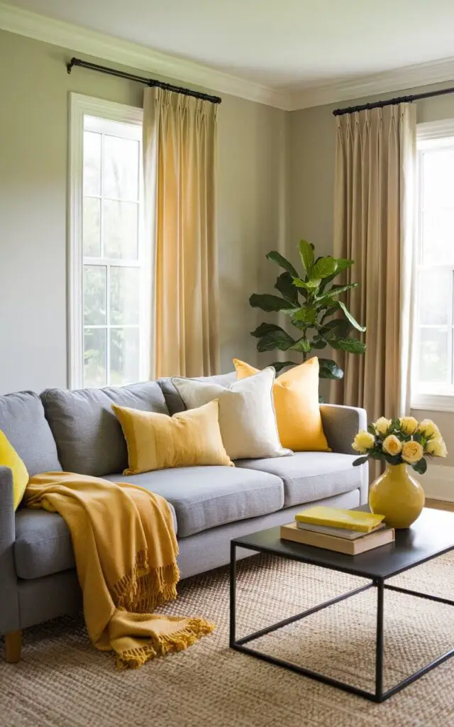 A balanced yellow living room with soft gray walls and carefully curated yellow accents. A storm gray sofa anchors the space, layered with throw pillows in varying shades of sunflower, saffron, and pale lemon. A mustard yellow throw blanket is draped casually over the arm, adding both comfort and color. The room features modern-industrial touches like a plain black metal coffee table holding a yellow vase with yellow roses, and matte black curtain rods. The space is softened by natural textures like a sisal rug and a potted fiddle leaf fig.