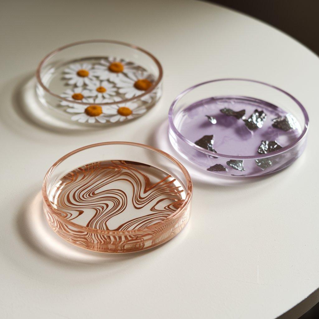 A photo of a simple homemade craft arrangement on a white table. There are three small round resin dishes with unique designs. One dish has a swirling metallic rose gold pattern. Another dish has embedded daisy petals. The third dish has a soft lavender tone and foil flakes. The lighting emphasizes the reflective resin finish and gentle curvature of the dish edges, adding to their polished, boutique look.