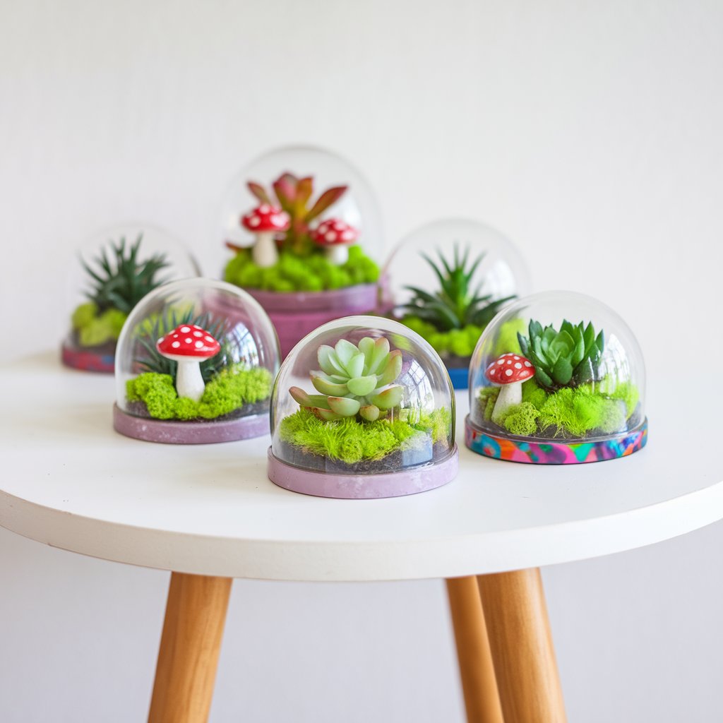 A whimsical and vibrant homemade craft scene set atop a plain white table. There are five dome-shaped mini resin terrariums. Inside each terrarium, there are tiny faux succulents, bright green moss, and miniature mushroom charms encased in crystal-clear resin. The background is plain white.