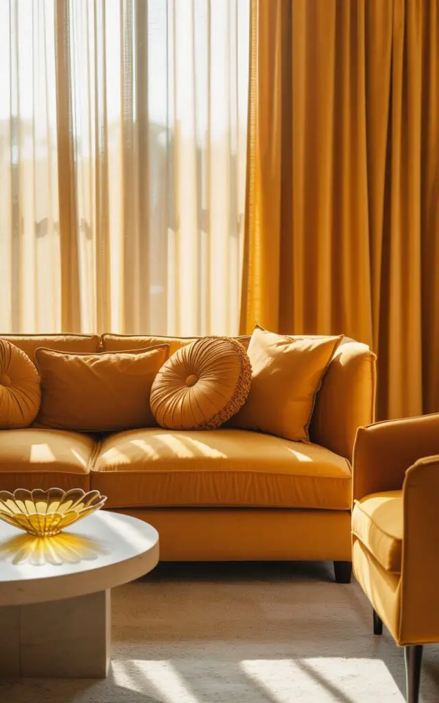 A photograph showcasing a plush, honey-hued sofa as the central focus within a vibrant yellow living room. The sofa, generously layered with decorative pillows in sunflower and flax shades, sits centered in the frame and faces a pair of ochre-painted accent chairs. Behind the sofa, saffron drapes cascade to the floor, while a round coffee table adorned with a golden-glass bowl sits in the foreground. Soft, diffused light streams through sheer curtains, creating a warm and inviting ambiance throughout the room.