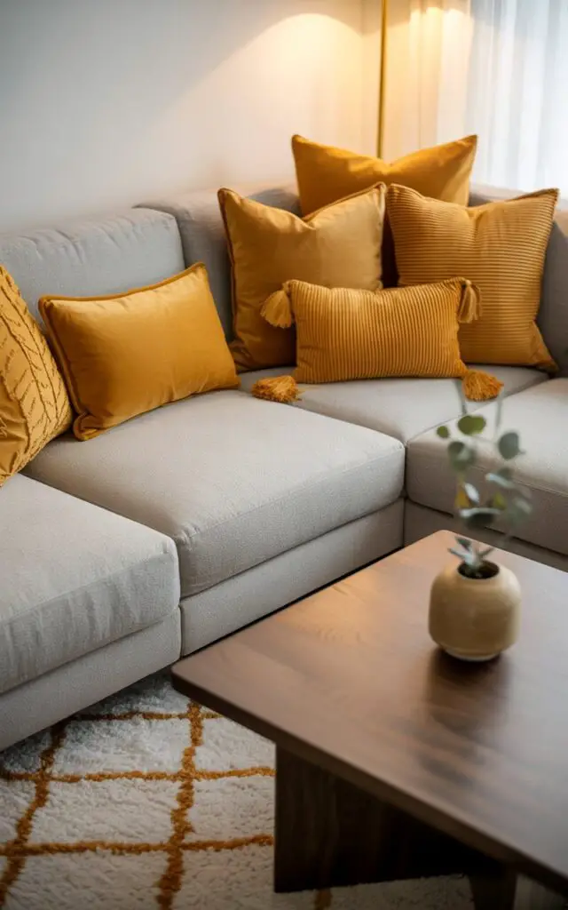 A photograph of a modern living room with a plush gray sectional as the centerpiece. The sectional is adorned with a collection of throw pillows in varying shades of mustard yellow, each displaying unique textures like velvet, embroidery, and tassels, creating a cozy and inviting feel. A walnut coffee table sits before the sofa, showcasing a simple ceramic planter holding a single sprig of eucalyptus, while a geometric ivory and gold rug anchors the space. Soft, warm light from a brass floor lamp illuminates the room, casting gentle shadows and accentuating the yellow tones, creating a tranquil atmosphere.
