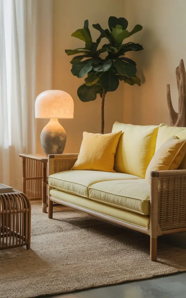 A photograph of a cozy living room bathed in soft, natural light, highlighting a comfortable, light yellow sofa as the central focus. The sofa is adorned with plush citrus-yellow cushions and positioned opposite a woven rattan armchair, both resting upon a textured seagrass rug. A sleek bamboo side table holds a stoneware lamp with a gently glowing, soft yellow base, while a large potted fiddle-leaf fig tree stands in the corner, adding a touch of vibrant greenery. Pale, buttery yellow walls and driftwood décor create a relaxed, harmonious atmosphere, making it feel deeply comfortable and inviting.