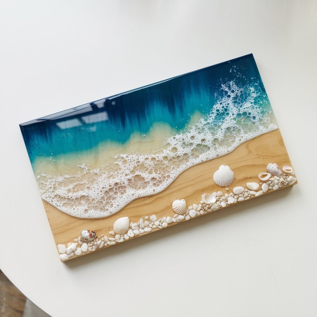 A serene beach-inspired simple homemade craft resting flat on a plain white bright white table. The craft is a rectangular wooden canvas with layered resin art. The resin is tinted with multiple shades of ocean blue and teal, gradually lightening toward the "shore". A white resin wave detail is foamed and feathered, creating the illusion of real crashing surf. Seashells and tiny white pebbles are embedded near the bottom edge, enhancing the shoreline effect. The clear, glossy surface of the resin reflects light beautifully, bringing movement and depth to the artwork.