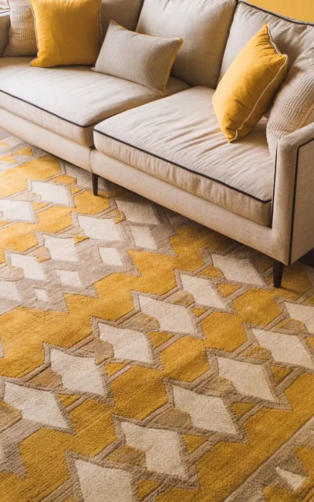 A chic yellow living room with a bold, patterned area rug in shades of golden yellow, ivory, and muted gray as the centerpiece. The very cozy sofa, upholstered in neutral beige linen, sits on top of the rug, its cushions dressed in coordinating yellow and gray textiles. The rug's geometric design adds visual rhythm and pulls the color story together. The room is grounded by a plain wooden coffee table.