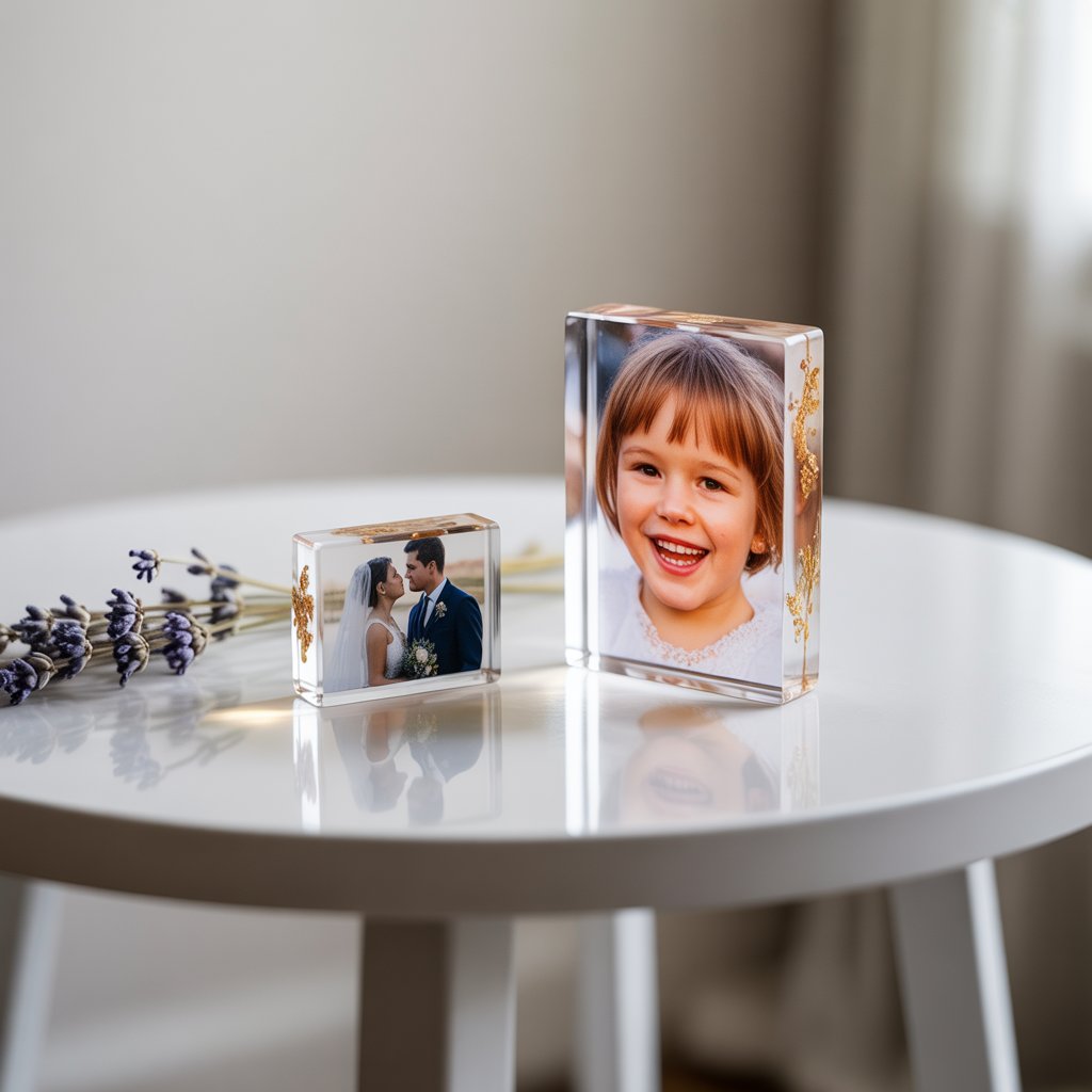 A close-up still life photograph showcases two handcrafted resin photo blocks resting on a stark white tabletop, evoking a sense of cherished memories. One block is square, displaying a miniature photo of a bride and groom exchanging vows, while the other is rectangular, featuring a joyful child’s portrait with a beaming smile – both encased in crystal-clear resin with delicate gold leaf accents around the edges. Soft, diffused natural light gently illuminates the blocks, highlighting the encapsulated images and creating subtle reflections on the polished table surface, while a scattering of dried lavender sprigs softly frames the arrangement. The clean, minimalist backdrop accentuates the emotional warmth and intimate detail of these treasured keepsakes.