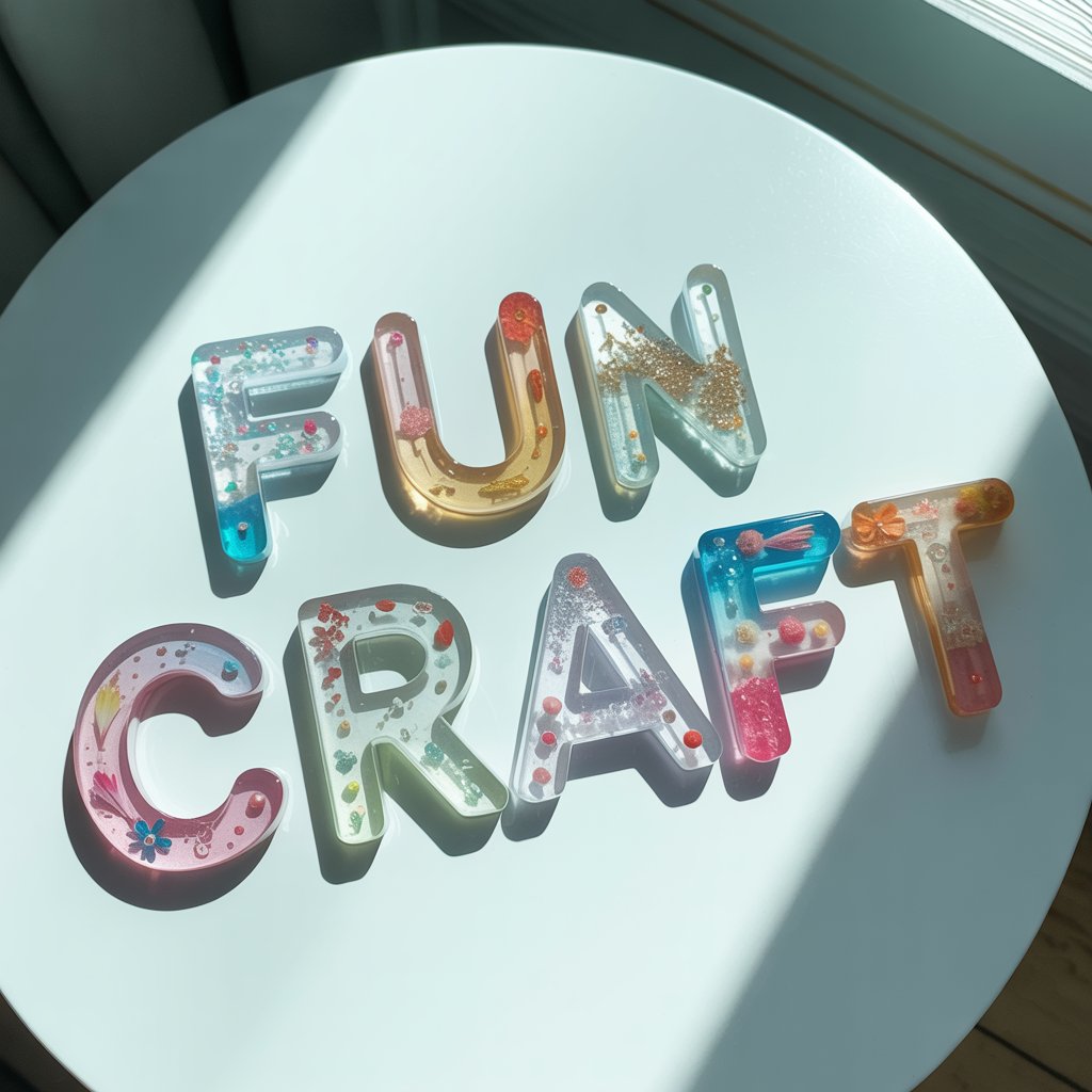 A photograph of a meticulously arranged display of handmade resin letters on a bright white tabletop. Each letter of the alphabet, from “A” to “Z”, is uniquely decorated with colorful accents like miniature beads, iridescent glitter, delicate flower petals, and shimmering sprinkles, showcasing the transparent resin's intricate details. The letters are neatly positioned to spell out words such as “FUN” and “CRAFT,” creating a playful and inviting aesthetic, with soft natural light highlighting the textures and colors. A gentle shadow falls behind the letters, adding depth and emphasizing their handcrafted charm.