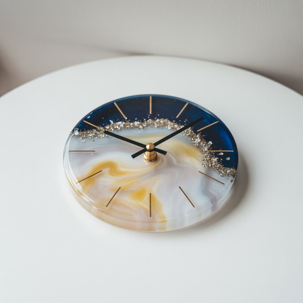 A photograph of a handmade resin clock face presented on a pristine white table, showcasing a simple and elegant design. The round clock face features a mesmerizing swirl of navy, gold, and pearl-white pigments, punctuated by shimmering metallic flakes radiating outwards from a central brass hub. Black clock hands point to the numbers delicately painted around the edge in a minimalist style, while the reflective resin surface catches the soft overhead lighting. The clean background emphasizes the clock's design, creating a visually appealing and focused composition.