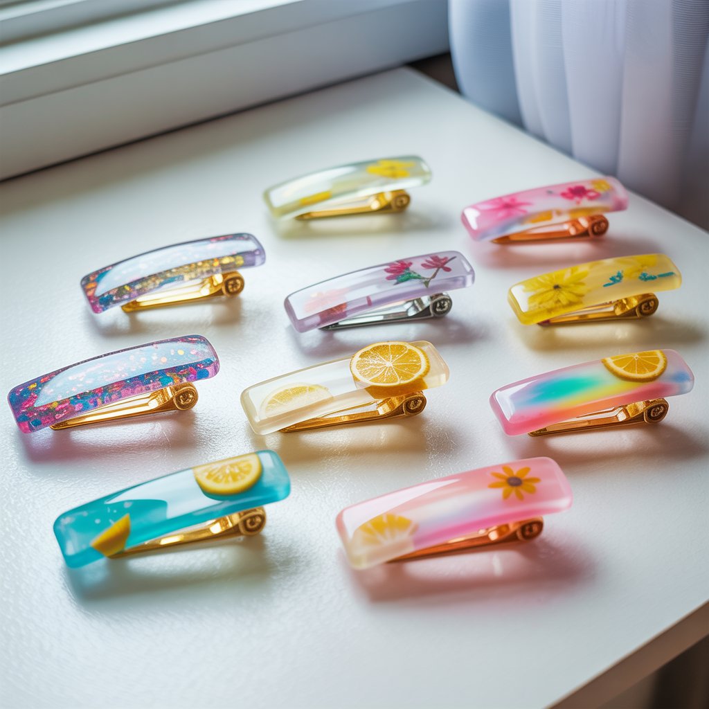 A photograph of ten colorful resin hair clips meticulously arranged on a bright white tabletop. The clips showcase a playful aesthetic, varying in shape – rectangular, oval, and triangular – and adorned with unique designs like iridescent confetti glitter, pressed real flowers, miniature slices of lemon, and swirling pastel pigments, all nestled within clear resin. Each clip is attached to a gleaming gold or silver hairpin base, with a few clips partially assembled, revealing the crafting process. Soft, diffused window light illuminates the scene, creating subtle reflections on the glass-like surfaces and casting gentle shadows that highlight the vibrant details.