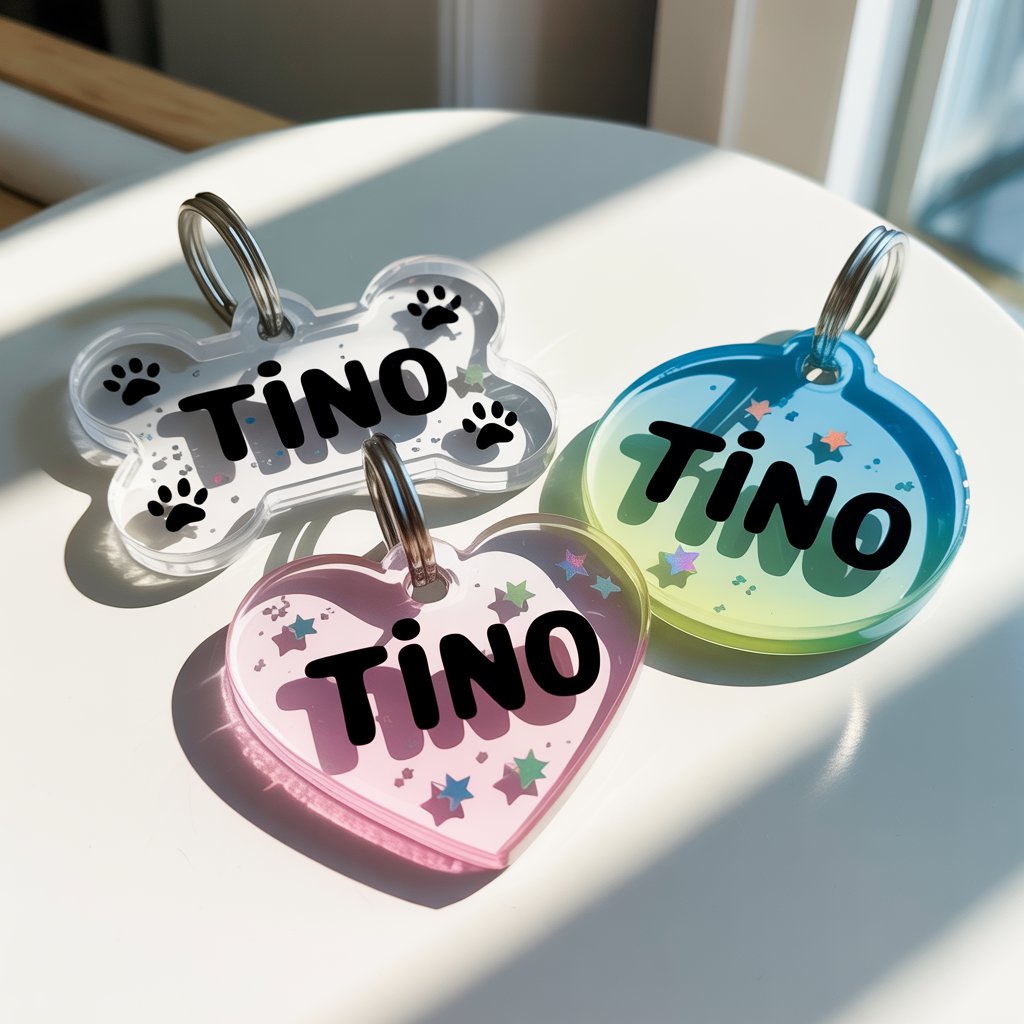 A photograph of three handmade resin pet ID tags artfully arranged on a clean, bright white table. The tags are shaped like a bone, a heart, and a circle, each showcasing the name "Tino" in crisp black vinyl lettering and sprinkled with iridescent star confetti. The bone tag features tiny paw print charms embedded within the resin, while the heart tag displays a scattering of fine silver glitter, and the circular tag has a gentle gradient of blue and green. Soft, natural light illuminates the scene, highlighting the translucent quality of the resin and creating subtle reflections on the table surface.