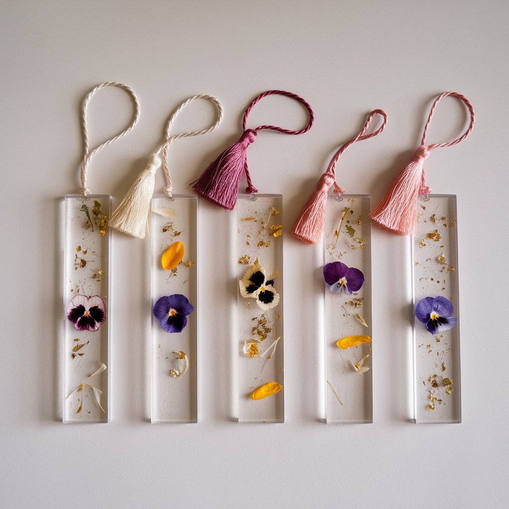 A photo of a simple homemade craft celebrating book lovers. There are five slim, rectangular resin bookmarks side-by-side on a plain white table. Each bookmark features carefully placed pressed flower petals, tiny gold flakes, and a thin satin tassel looped through the top hole. The bookmarks are semi-transparent, allowing light to pass through and highlight the suspended elements. The clean background emphasizes the elegance and detail of these handcrafted accessories.
