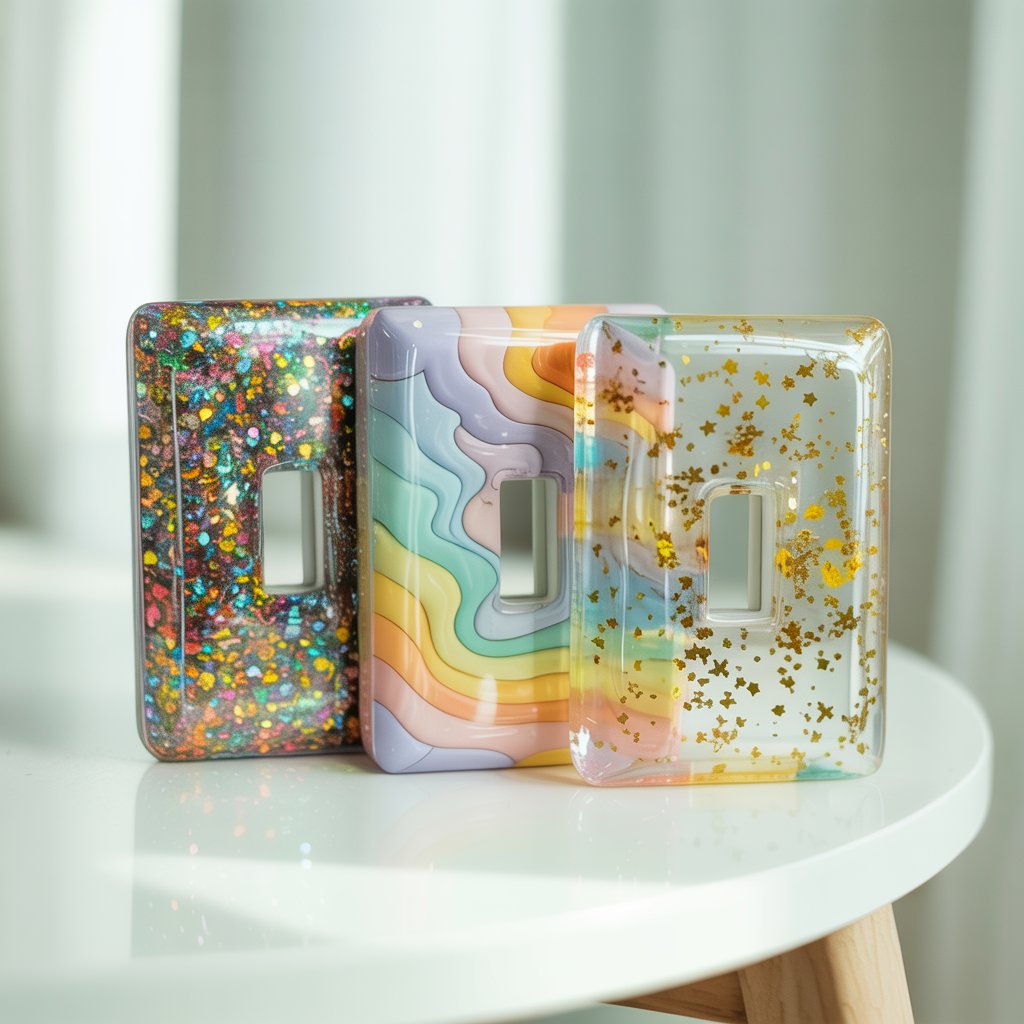 A photograph of three handmade resin-coated light switch covers arranged neatly on a bright white tabletop. One cover sparkles with chunky rainbow glitter, another displays a swirling pattern of soft pastel colors, and the third is embedded with tiny gold confetti stars, all creating a glassy, polished appearance. Soft, natural light illuminates the covers, highlighting the texture and depth of the resin, while a simple white background emphasizes the playful craft. The arrangement showcases the decorative elements with a clean and minimalist aesthetic.