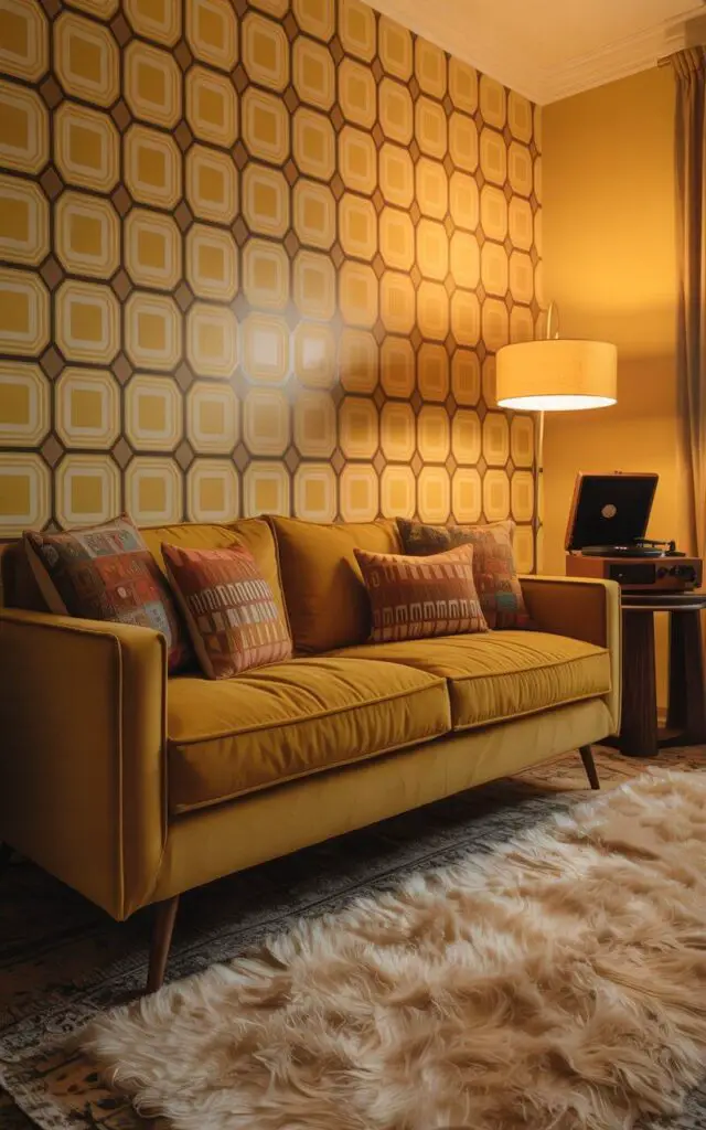 A photograph of a warmly lit, nostalgic living room bathed in a mellow yellow glow. A low-slung mustard velvet sofa with angled wooden legs sits center frame, adorned with several patterned pillows in shades of orange and brown. Behind the sofa, a geometric wallpaper with interlocking yellow, white, and brown shapes extends to the ceiling, while a cream shag rug softens the floor and a golden floor lamp with a drum shade illuminates a vintage record player resting on a dark wood stand. The room embodies a joyful and cozy 1970s aesthetic, creating a sense of timeless style and comfort.