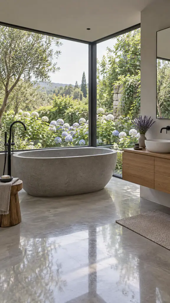 Serene Garden View Stone Bathroom