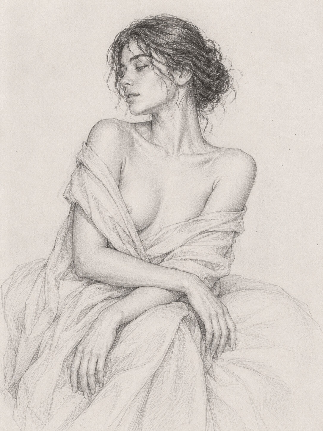 Serene figure in draped fabric