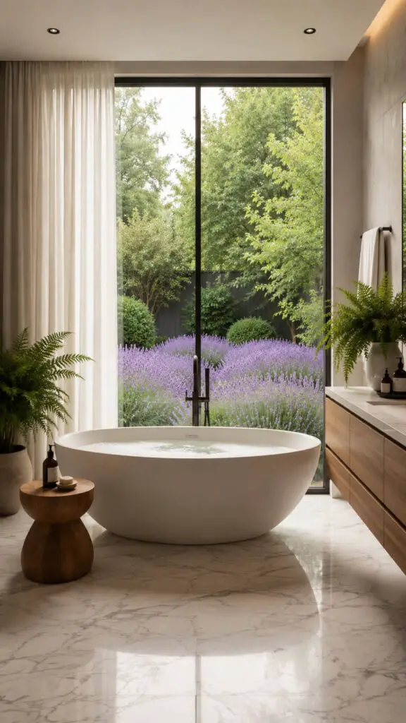 Serene spa bathroom with lush garden view