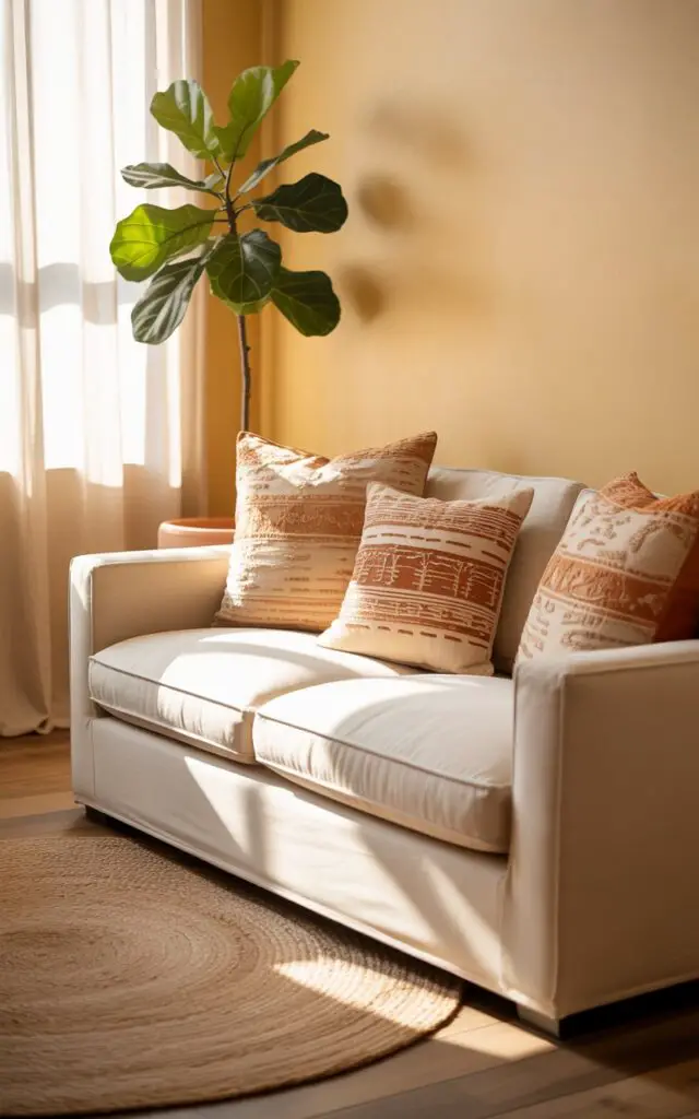 A photograph of a cozy living room bathed in warm, diffused sunlight. A plush, cream-colored linen sofa sits centered against a butter-yellow wall, adorned with three large patterned throw pillows in shades of beige and terracotta. A round, woven jute rug anchors the space, while a single fiddle-leaf fig tree in a terracotta pot rests in the corner, its leaves catching the light streaming through sheer white curtains. Soft, ambient lighting highlights the room's peaceful and inviting atmosphere, creating a sense of relaxed serenity.