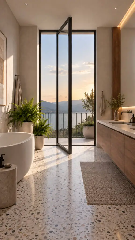 Sunlit Spa Bathroom with Scenic Pivot Door