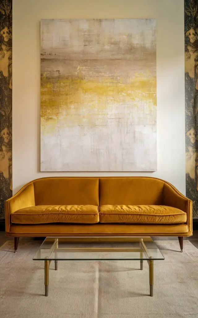 A photo of a yellow living room with a deep goldenrod velvet sofa at the center. The sofa has sleek mid-century legs and plump cushions. Behind the sofa, a white wall displays a large abstract canvas with neutral and yellow hues. A plain coffee table made of glass and brass is placed in front of the sofa. On the floor, a muted vintage rug is placed. The room has a luxurious and cozy atmosphere.