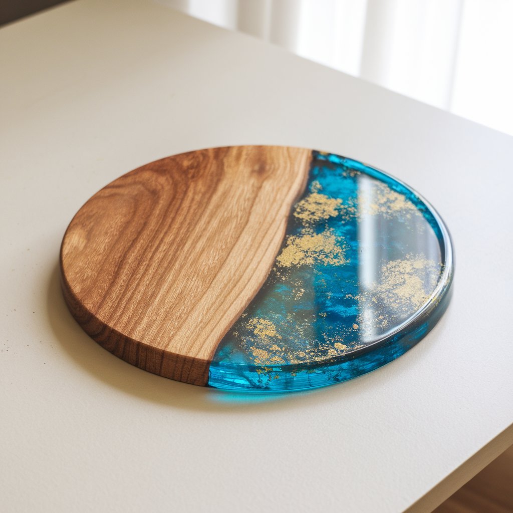 A photo of a homemade craft cheese board. One side is a smooth, warm-toned wood, and the other side is filled with rich, translucent blue resin. The resin section contains subtle swirls of gold mica powder. The board is placed on a plain white table. The background is bright and the lighting is natural.