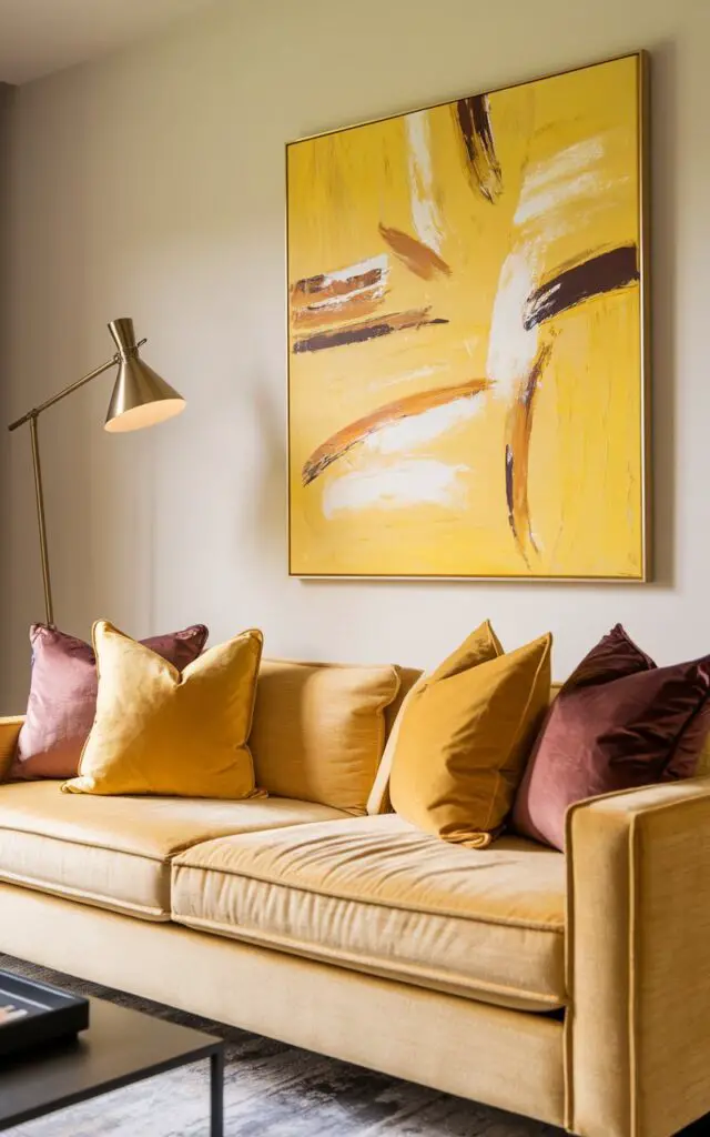 A photo of a modern yellow living room with a statement piece of yellow abstract artwork dominating the wall above a cozy oatmeal fabric sofa. The painting has bold strokes of lemon, ochre, and white, adding movement and energy. The sofa is accented with velvet and linen pillows in matching tones, coordinating perfectly with the art. The walls are painted a soft white to let the colors shine, while a sleek black coffee table adds contrast. A contemporary floor lamp with a gold finish and an angular arm leans over the sofa, casting warm light and enhancing the artistic, upbeat vibe of the space.