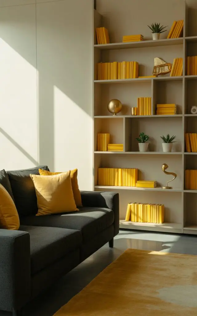 A photograph showcases a modern living room with a striking emphasis on curated yellow books. A plush charcoal gray sofa faces a minimalist shelving unit, its open compartments displaying a collection of sunshine-hued books arranged with decorative gold objects and small potted succulents, creating a visually pleasing gradient of color. A warm-toned area rug anchors the space, while subtle yellow throw pillows are scattered on the sofa, complementing the arrangement of books and a small brass sculpture on the coffee table. Soft, diffused sunlight streams in through a nearby window, illuminating the room with a gentle, inviting glow.