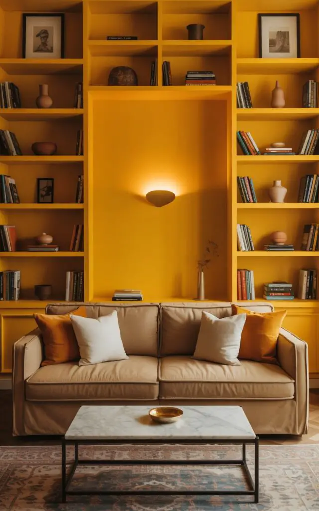 A photograph showcasing a cozy living room dominated by custom built-in shelving units painted in a rich bright yellow hue. The shelving is filled with a curated collection of books, pottery, and art, framing a comfortable oatmeal linen sofa adorned with plush pillows in white, amber, and ochre. A minimalist sconce casts a warm glow above the sofa, illuminating a marble-topped coffee table resting on a vintage-style rug, creating a sense of inviting warmth and sophisticated design. Soft, ambient light fills the space, highlighting the vibrant yellow shelving and completing the room's curated and cheerful aesthetic.